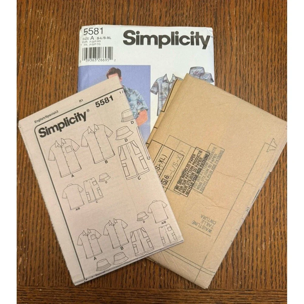 Simplicity 5581 Sewing Pattern Shirt Shorts Hat Mens S-XL Boys S-L Matching Set